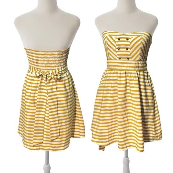 F21 Striped Pin Up Padded Pin Up Built iN Bra Mustard Striped Mini Dress Small - Picture 1 of 5